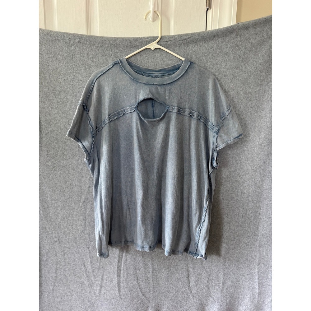 We The Free T-Shirt 100% cotton Medium Blue Cutout Front Acid Wash Boho Grunge